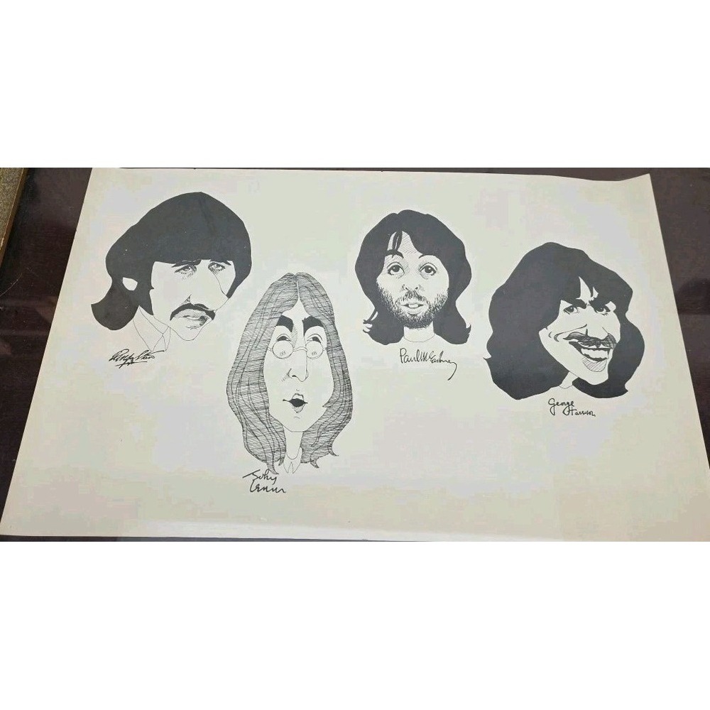 Vintage 1979 art reprint featuring caricature drawings Beatles likely Semagin